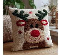 FWRTYCB Latch Hook Cushion Kits for Adults Christmas Reindeer Cartoon Deer Cute Red Nose Rug Pillowcase Kids Beginner DIY Needlework Embroidery Kits Handmade Set Craft Sofa Home Decor 43x43cm,1pcs