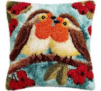 FWRTYCB Latch Hook Cushion Kits for Adults Christmas Robin Bird Couple Onbranch Winter Rug Pillowcase Kids Beginner DIY Needlework Embroidery Kits Handmade Set Craft Sofa Home Decor 43x43cm,1pcs