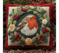 FWRTYCB Latch Hook Cushion Kits for Adults Christmas Robin Bird Wreath Xmas Garland Rug Pillowcase Kids Beginner DIY Needlework Embroidery Kits Handmade Set Craft Sofa Home Decor 43x43cm,1pcs