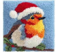 FWRTYCB Latch Hook Cushion Kits for Adults Christmas Robin Bird Xmas Red Hat Blue Rug Pillowcase Kids Beginner DIY Needlework Embroidery Kits Handmade Set Craft Sofa Home Decor 43x43cm,1pcs