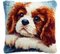 FWRTYCB Latch Hook Cushion Kits for Adults Cute Dog Cavalier King Charles Spaniel Puppy Rug Pillowcase Kids Beginner DIY Needlework Embroidery Kits Handmade Set Craft Sofa Home Decor 43x43cm,1pcs