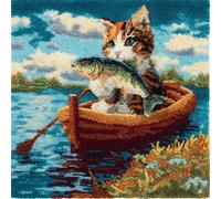 FWRTYCB Latch Hook Cushion Kits for Adults Ginger Cat Fish Cute Kitten Boat Rug Pillowcase Kids Beginner DIY Needlework Embroidery Kits Handmade Set Craft Sofa Home Decor 43x43cm,1pcs