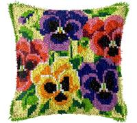 FWRTYCB Latch Hook Cushion Kits for Adults Pansies Flower Purple Yellow Green Rug Cover Pillowcase Kids Beginner DIY Needlework Embroidery Kits Handmade Set Craft Sofa Home Decor 43x43cm,1pcs