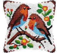 FWRTYCB Latch Hook Cushion Kits for Adults Robin Birds Couple Flowers Rug Cover Pillowcase Kids Beginner DIY Needlework Embroidery Kits Handmade Set Craft Sofa Home Decor 43x43cm,1pcs
