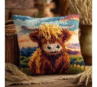 FWRTYCB Latch Hook Cushion Kits for Adults Sunset Highland Cow Cub Cute Calf Colorful Rug Pillowcase Kids Beginner DIY Needlework Embroidery Kits Handmade Set Craft Sofa Home Decor 43x43cm,1pcs