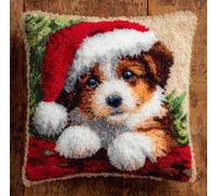 FWRTYCB Latch Hook Pillow Kits for Adults Dog Wearing A Santa Hat Knitting