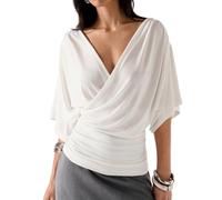 FWSAM Women Draped Deep V Neck Batwing Half Sleeve Wrap Blouse Y2K Relaxed-Fit Ruched Waist Drop Shoulder T Shirt Top, White, L