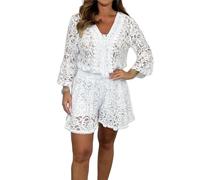 FWSHANGMAO 2 Piece Outfits for Women, Ladies Elegant Lace 3/4 Sleeve Blouse and Wide Leg Shorts Lounge Wear Matching Sets Clothes for Going Out Holiday Beach White S