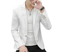 FWSHANGMAO Blazer,Mens Casual Blazer Waffle Plaid Suit Single Breasted Slim Fit Sports Jacket Button Formal Business Suit Jackets Suitable for Party Date Prom Wedding Tuxedo,White,S