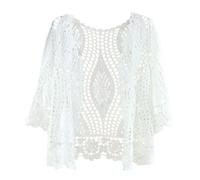 FWSHANGMAO Bolero Shrug,Women's 3/4 Sleeve Dress Shawl Shrug Summer Crochet Floral Bolero Cardigan Mesh Jacket Short Front Tie Elegant Shoulder Jacket See Through Cover-Up for Dresses,White,Xs