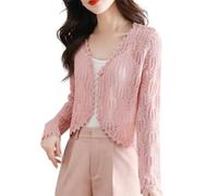 FWSHANGMAO Bolero Shrug,Women's Long Sleeve Shrug Summer Crochet Floral Lace Bolero Cardigan V Neck Mesh Jacket Short Button Elegant Shoulder Jacket See Through Cover-Up for Dresses,Pink,S