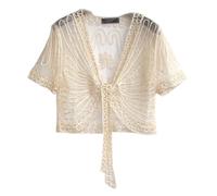 FWSHANGMAO Bolero Shrug,Women'S Short Sleeve Shrug Summer Crochet Floral Lace Bolero Cardigan Mesh Black Embroidery Jacket Front Tie Elegant Shoulder Jacket See Through Cover-Up For Dresses,Beige,Xxl