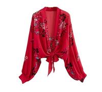 FWSHANGMAO Chiffon Bolero Cardigans for Women, Sheer Chiffon Blouse Cover Ups Front Tie Knot Shrug Top, Ladies Long Sleeve Boleros Shrugs Shawl Lightweight Cardigan Red Plum Blossom