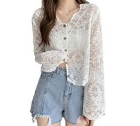 FWSHANGMAO Ladiery Shrug, Summer Crochet Short Coat Floral Lace Shrug V-Neck Jacket Women's Long Sleeve Shrug Elegant Cardigan Shoulder Jacket See Through Open Front Cover-Up for Wedding,White,L