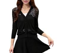 FWSHANGMAO Ladiery Shrug,Summer Knitted Croppe Jacket Women's 3/4 Sleeves Shrug Heart Button Bolero Shrug Crochet Cardigan Stretch Cropped Top Cardigan See Through Cover-Up for Dresses,Black,L