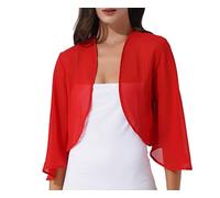 FWSHANGMAO Ladiery Shrug,Women's 3/4 Sleeve Dress Shawl Shrug Summer Chiffon Bolero Cardigan Embroidery Jacket Short Open Front Elegant Jacket See Through Cover-Up for Dresses,Red,S