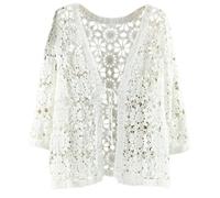 FWSHANGMAO Ladiery Shrug,Women'S Bolero Shrug Short Cardigan 3/4 Sleeves Crochet Lace Blouse Jacket Front Tie Cardigan Open Front Boho Festival Jacket Elegant Beach Cover-Ups For Dresses,White,L