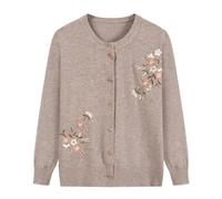 FWSHANGMAO Ladies Embroidered Buttons Cardigan,Middle-Aged Ladies Light Pullover Floral Long Sleeve Jacket Elegant Beige Knitted Sweater Elderly Women Mother Wear,M