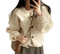 FWSHANGMAO Ladies Knitted V Neck Button Up,Chunky Women'S Cardigan With Short Cable Knit Open Front Knitted Sweater Vintage Elegant Simple Y2K Sweatshir Jacket,Beige,M