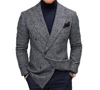 FWSHANGMAO Men Double Breasted Blazer Jacket,Vintage Slim Tweed Sports Smart Suit Jacket Split Collar Casual Multi-Pocket Formal Suit Chic Jackets,Grey,S