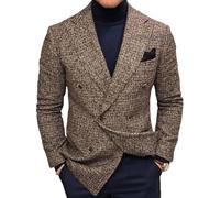 FWSHANGMAO Men Double Breasted Blazer Jacket,Vintage Slim Tweed Sports Smart Suit Jacket Split Collar Casual Multi-Pocket Formal Suit Chic Jackets,Brown,Xl