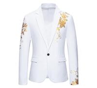 FWSHANGMAO Mens Blazer,Floral Tuxedo Jacket Luxury Flowers Print Chic Jackets Casual One Button Tuxedo Dinner Prom Suit Bronzing Shiny Party Top,White,M