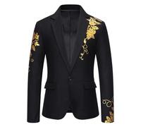 FWSHANGMAO Mens Blazer,Floral Tuxedo Jacket Luxury Flowers Print Chic Jackets Casual One Button Tuxedo Dinner Prom Suit Bronzing Shiny Party Top,Black,L
