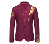 FWSHANGMAO Mens Blazer,Floral Tuxedo Jacket Luxury Flowers Print Chic Jackets Casual One Button Tuxedo Dinner Prom Suit Bronzing Shiny Party Top,Burgundy,L