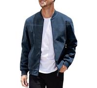 FWSHANGMAO Mens Faux Suede Bomber Jacket Leather Casual Jacket Baseball Varsity Style Jacket Smart Casual Cargo Jackets Windbreaker Sport Jacket Classic Zip Jacket Blue L