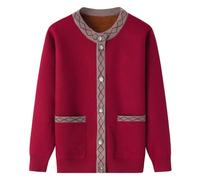 FWSHANGMAO Middle-Aged And Elderly Knitted Cardigan Sweaters,Vintage Diamond Plaid Rose Buttons Knit Sweaters Ladies Jumper For Autumn Winter Grandma,Mother,Gift,Red,L