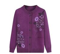 FWSHANGMAO Middle-Aged And Elderly Knitted Cardigan-Vintage Floral Embroidered Jacket Women'S Spring And Autumn Mother Wear Flower Warm Sweater,Purple,L