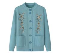 FWSHANGMAO Middle-Aged Lady Cardigans,Delicate Rose Buttons,Blue Crew Neck Floral Embroidery Jacket With Two Pockets Grandma Casual Jumper For Autumn Winter Gift,M