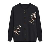 FWSHANGMAO Senior Ladies Classic Cardigan,Middle-Aged Ladies Floral Embroidery Long Sleeve Jacket Elegant Black Knitted Sweater Light Pullover Elderly Women Mother Wear,M