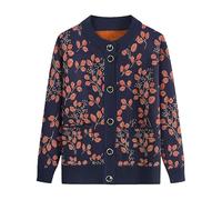 FWSHANGMAO Women Fleece Lined Knitted Cardigan Sweaters with Pockets, Leaf Pattern Knitted Top Grandma Cardigan Coat Middle-Aged Elderly Women Warm Cardigan Sweater Navy L