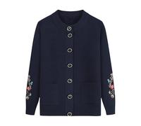 FWSHANGMAO Women Fleece Lined Knitted Cardigan Sweaters with Pockets, Middle-Aged Elderly Casual Crew Neck Embroidered Top Grandma Cardigan Coat Jacket Warm Sweater Navy M