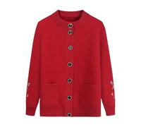 FWSHANGMAO Women Fleece Lined Knitted Cardigan Sweaters with Pockets, Middle-Aged Elderly Casual Crew Neck Embroidered Top Grandma Cardigan Coat Jacket Warm Sweater Red L