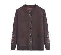 FWSHANGMAO Women Fleece Lined Knitted Cardigan Sweaters with Pockets, Middle-Aged Elderly Casual Crew Neck Embroidered Top Grandma Cardigan Coat Jacket Warm Sweater Khaki M