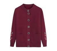 FWSHANGMAO Women Fleece Lined Knitted Cardigan Sweaters with Pockets, Middle-Aged Elderly Casual Crew Neck Embroidered Top Grandma Cardigan Coat Jacket Warm Sweater Maroon L