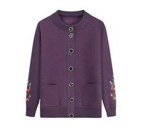FWSHANGMAO Women Fleece Lined Knitted Cardigan Sweaters with Pockets, Middle-Aged Elderly Casual Crew Neck Embroidered Top Grandma Cardigan Coat Jacket Warm Sweater Purple L