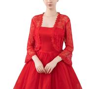 FWSHANGMAO Women’S Lace Shrugs Bolero Cardigan,Elegant Sheer Crop Short Jacket 3/4 Sleeves Bolero Shrug Crochet Cardigan For Wedding Evening Dress,Red,M