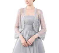 FWSHANGMAO Women’S Lace Shrugs Bolero Cardigan,Elegant Sheer Crop Short Jacket 3/4 Sleeves Bolero Shrug Crochet Cardigan For Wedding Evening Dress,Grey,M