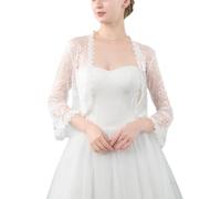FWSHANGMAO Women’S Lace Shrugs Bolero Cardigan,Elegant Sheer Crop Short Jacket 3/4 Sleeves Bolero Shrug Crochet Cardigan For Wedding Evening Dress,White,M