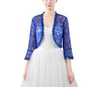 FWSHANGMAO Women’S Lace Shrugs Bolero Cardigan,Elegant Sheer Crop Short Jacket 3/4 Sleeves Bolero Shrug Crochet Cardigan For Wedding Evening Dress,Royal Blue,M