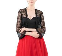 FWSHANGMAO Women’S Lace Shrugs Bolero Cardigan,Elegant Sheer Crop Short Jacket 3/4 Sleeves Bolero Shrug Crochet Cardigan For Wedding Evening Dress,Black,M