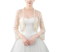 FWSHANGMAO Women’S Lace Shrugs Bolero Cardigan,Elegant Sheer Crop Short Jacket 3/4 Sleeves Bolero Shrug Crochet Cardigan For Wedding Evening Dress,Champagne,L