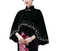 FWSHANGMAO Women Velvet Shawls Pearl Beading Cape Mandarin Collar Button-Down Warm Wraps Poncho for Wedding Evening Bridal Bridesmaids Mother Of The Bride Black