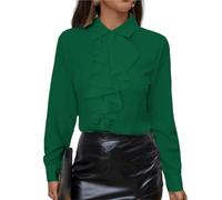 FWSHANGMAO Women Vintage Victorian Frilly Ruffle Shirt Blouse Elegant Button Down Long Sleeve Blouse Tops Classic Solid Formal Lapel Collar Blouse Work Tops Green S