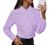 FWSHANGMAO Women Vintage Victorian Frilly Ruffle Shirt Blouse Elegant Button Down Long Sleeve Blouse Tops Classic Solid Formal Lapel Collar Blouse Work Tops Purple M