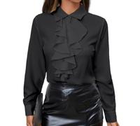 FWSHANGMAO Women Vintage Victorian Frilly Ruffle Shirt Blouse Elegant Button Down Long Sleeve Blouse Tops Classic Solid Formal Lapel Collar Blouse Work Tops Black XXL