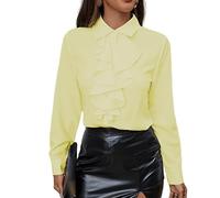 FWSHANGMAO Women Vintage Victorian Frilly Ruffle Shirt Blouse Elegant Button Down Long Sleeve Blouse Tops Classic Solid Formal Lapel Collar Blouse Work Tops Yellow L